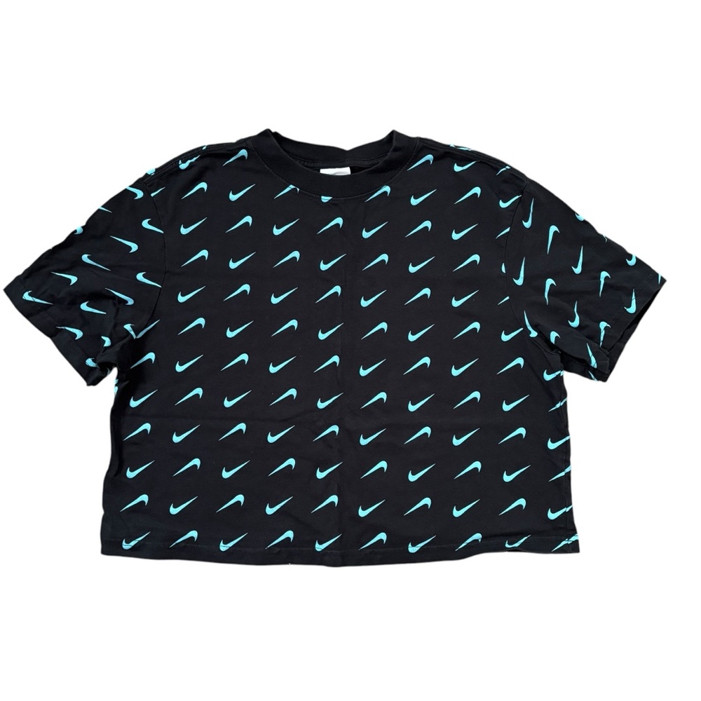 Nike cropped black cotton t-shirt with teal swoosh pattern short sleeve size XS
